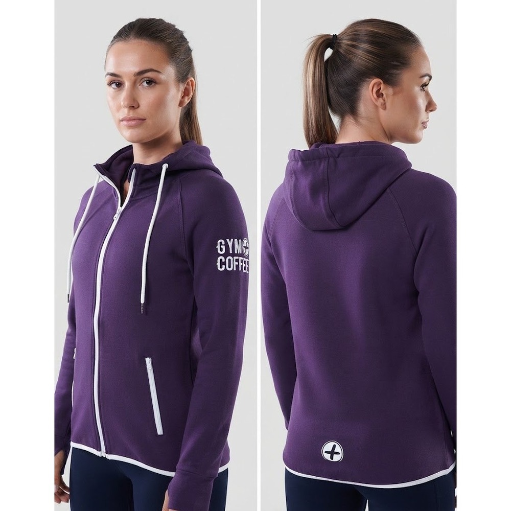 Gym + Coffee Purple‎ "Chill" Full Zip Hoodie Sweatshirt White Trim Womens XL